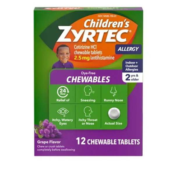 Zyrtec Children's Dye-Free Chewables for 24 Hour Allergy Relief, 2.5 mg Cetirizine Hydrochloride Antihistamine Tablets, Kids Allergy Medicine Relieves Sneezing & Itchy Throat, Grape, 12 ct