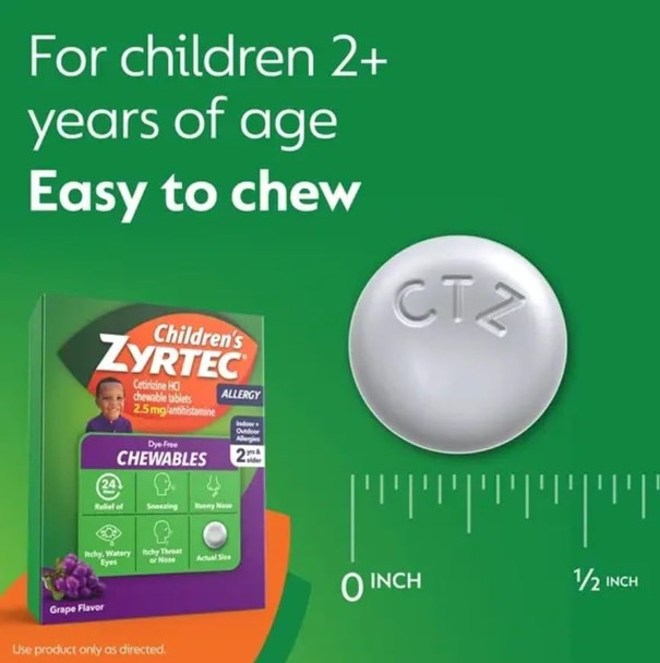 Zyrtec Children's Dye-Free Chewables for 24 Hour Allergy Relief, 2.5 mg Cetirizine Hydrochloride Antihistamine Tablets, Kids Allergy Medicine Relieves Sneezing & Itchy Throat, Grape, 12 ct