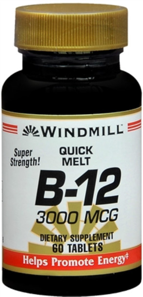 Windmill Quick Melt B-12 Dietary Supplement Tablets for Metabolism 3000mcg 60 Ct