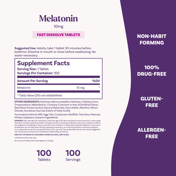 Natrol Melatonin 10mg Fast Dissolve Tablets - Strawberry Flavor, 100 Count, Sleep Support, Fast Dissolve Melatonin for Adults, 100-Day Supply