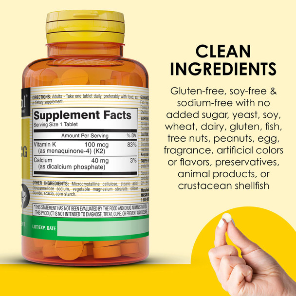 MASON NATURAL Vitamin K2 100 mcg with Calcium, Supports Bone, Heart & Muscle Health, 100 Tablets