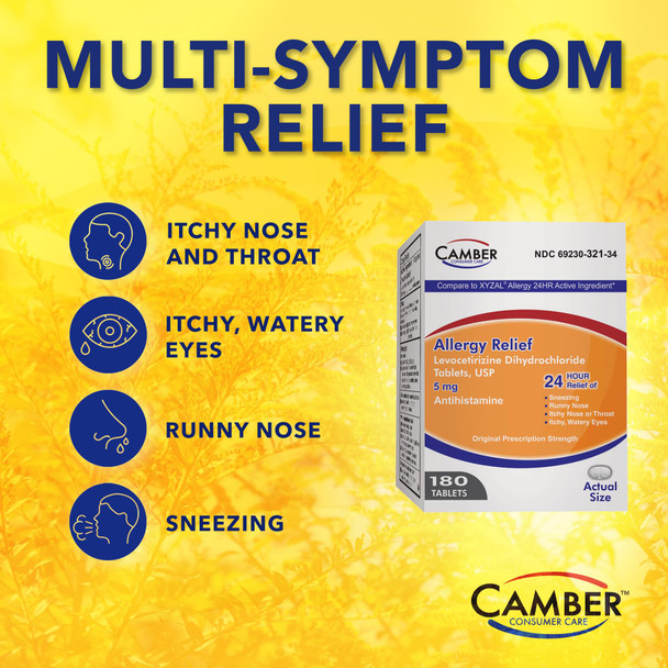 Camber Consumer Care Levocetirizine Dihydrochloride 5mg Antihistamine Tablets, Compare to Xyzal Active Ingredient, Allergy Relief Medicine (80 Count)