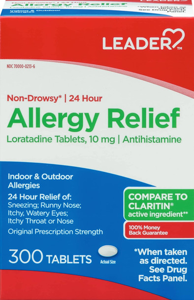 Leader 24 Hour Allergy Relief, Non-Drowsy, Loratadine 10mg, Antihistamine, Original Prescription Strength, Sinus Relief, Indoor and Outdoor, Counteract Allergy, 300 Tablets