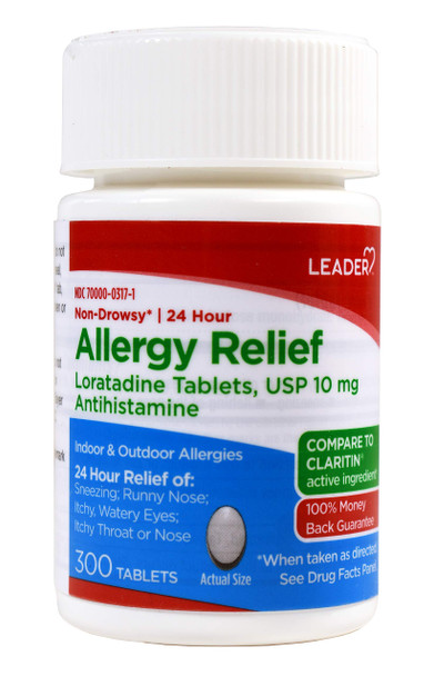 Leader 24 Hour Allergy Relief, Non-Drowsy, Loratadine 10mg, Antihistamine, Original Prescription Strength, Sinus Relief, Indoor and Outdoor, Counteract Allergy, 300 Tablets