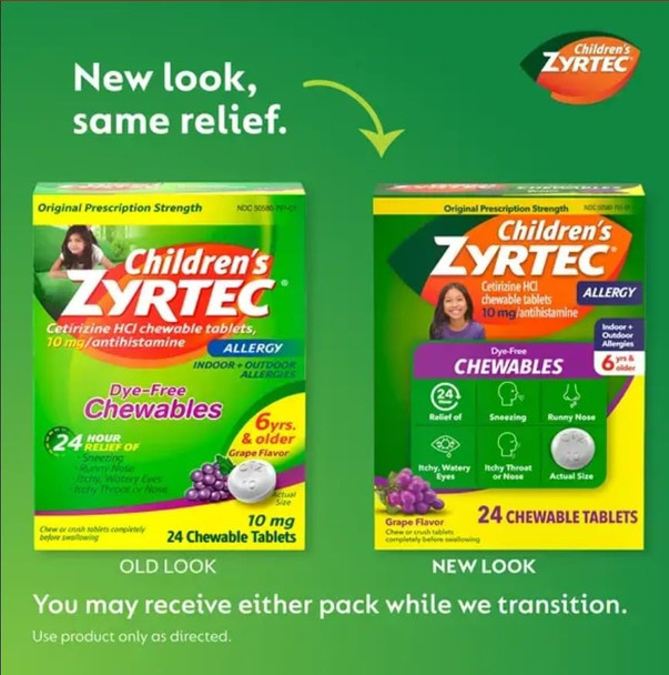 Zyrtec Children's Dye-Free Chewables for 24 Hour Allergy Relief, 10 mg Cetirizine Hydrochloride Antihistamine Tablets, Kids Allergy Medicine Relieves Sneezing & Itchy Throat, Grape, 24 ct