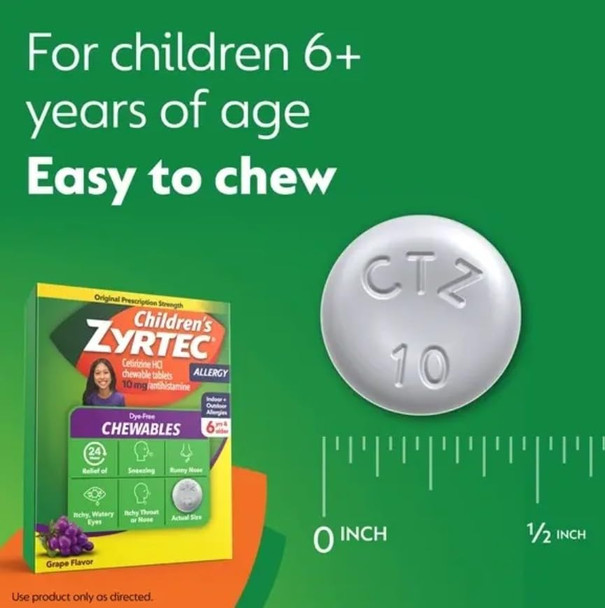 Zyrtec Children's Dye-Free Chewables for 24 Hour Allergy Relief, 10 mg Cetirizine Hydrochloride Antihistamine Tablets, Kids Allergy Medicine Relieves Sneezing & Itchy Throat, Grape, 24 ct