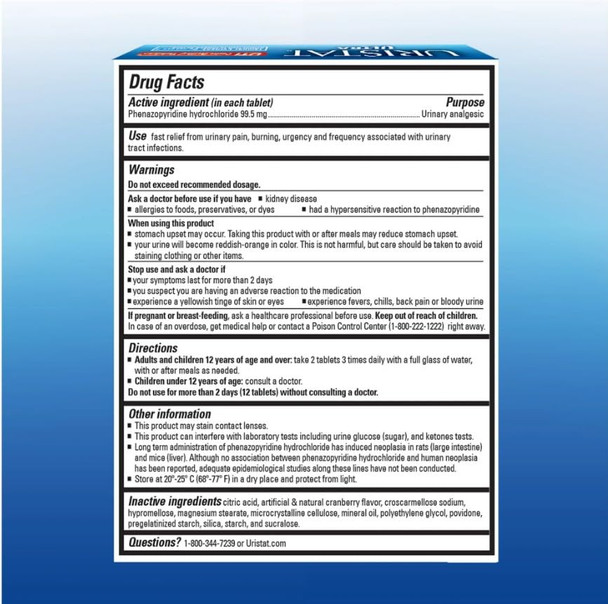 URISTAT Ultra UTI Pain Relief, Cranberry Flavored Coating, 30 Tablets