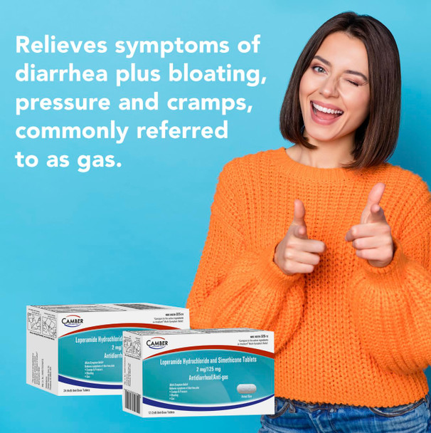 Camber Loperamide and Simethicone Multi-Symptom Tablets, Anti-Diarrheal and Anti-Gas, 24 Count