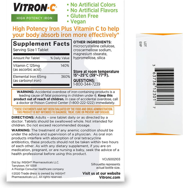 Vitron - C High Potency Iron Supplement Tablets - 60 Ta