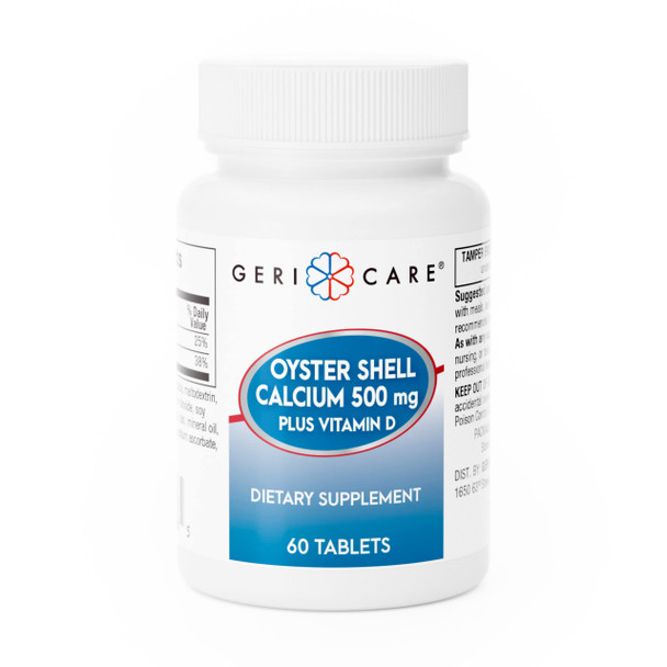 GeriCare Oyster Shell Calcium 500mg + Vitamin D, Bone Health, Nutritional Supplement Tablets, 60 Count (Pack of 1)