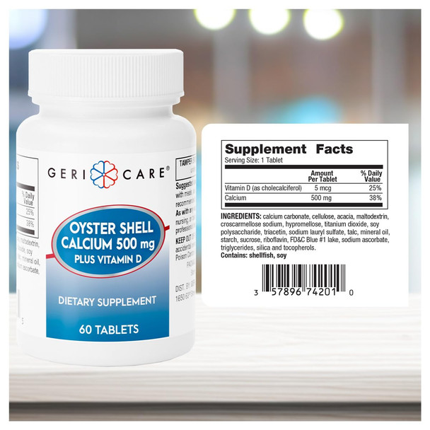 GeriCare Oyster Shell Calcium 500mg + Vitamin D, Bone Health, Nutritional Supplement Tablets, 60 Count (Pack of 1)