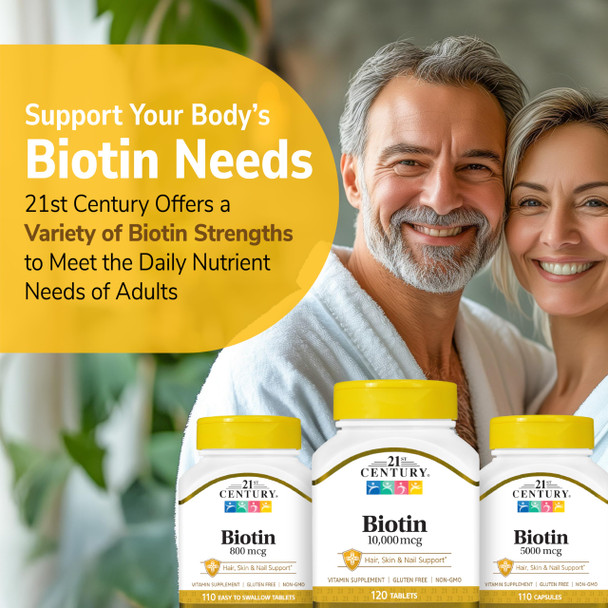 21st Century Biotin Tablets, 10,000 mcg, Unflavored 120 Count