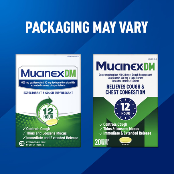 Mucinex DM 12Hr Chest Congestion & Cough Medicine for Adults, Cold and Cough Medicine for Excess Mucus Relief, 600 mg Guaifenesin & 30 mg Dextromethorphan HBr, 20 Bi-Layer Tablets