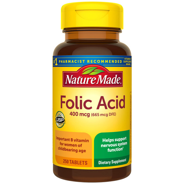 Nature Made Folic Acid 400mcg (665 mcg DFE), Folic Acid Supplements for Women & Men, Dietary Supplement for Nervous System Function, 250 Tablets, 250 Day Supply