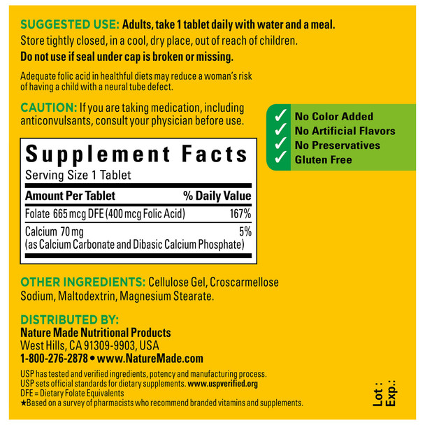 Nature Made Folic Acid 400mcg (665 mcg DFE), Folic Acid Supplements for Women & Men, Dietary Supplement for Nervous System Function, 250 Tablets, 250 Day Supply