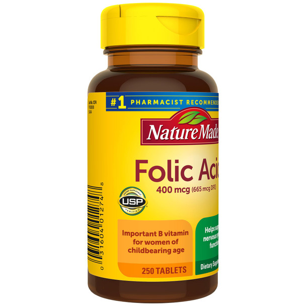 Nature Made Folic Acid 400mcg (665 mcg DFE), Folic Acid Supplements for Women & Men, Dietary Supplement for Nervous System Function, 250 Tablets, 250 Day Supply