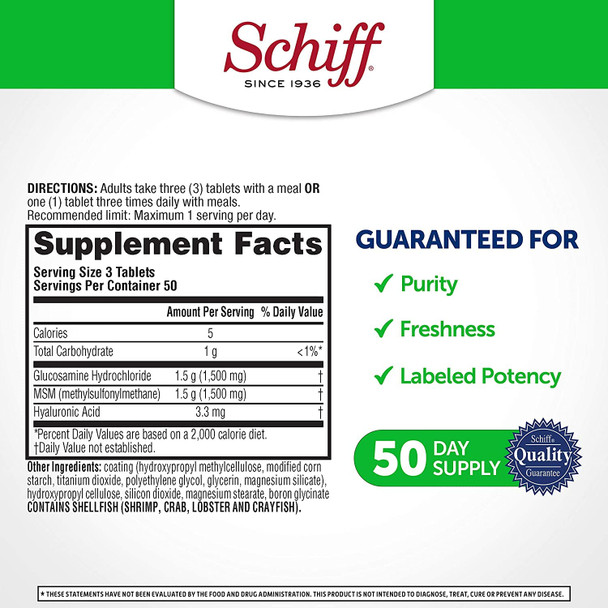 Schiff Glucosamine 1500mg Plus MSM 1500mg and Hyaluronic Acid, 150 tablets - Joint Supplement