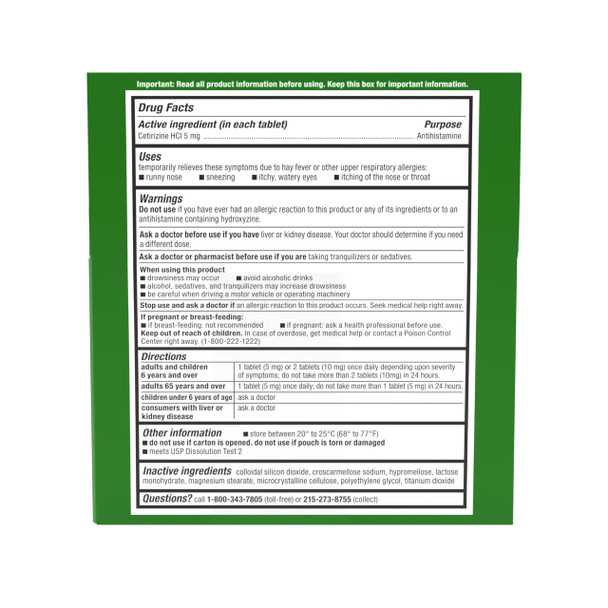 Zyrtec 24 Hour Allergy Relief Tablets, Indoor & Outdoor Allergy Medicine, 5 mg Cetirizine HCl per Antihistamine Tablet, Relief from Runny Nose & More, Individual Travel Pouches, 1 x 15 ct