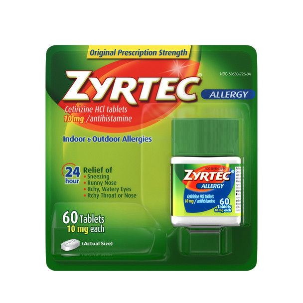 Zyrtec Cetirizine 10mg Antihistamine 24 Hour Allergy Fast Relief Tablets 60ct