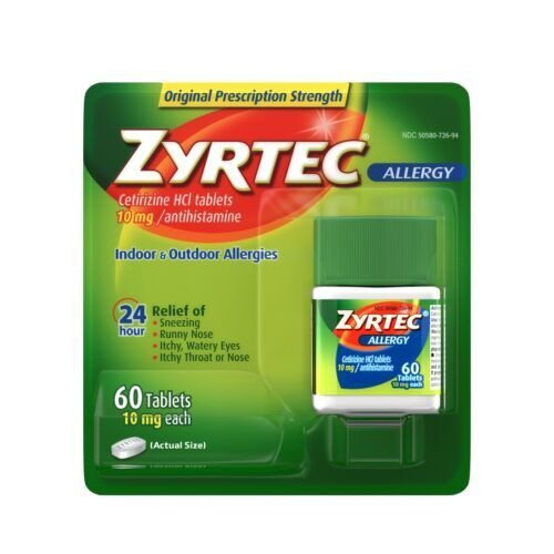 Zyrtec Cetirizine 10mg Antihistamine 24 Hour Allergy Fast Relief Tablets 60ct
