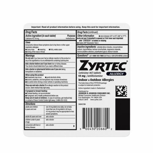 Zyrtec Cetirizine 10mg Antihistamine 24 Hour Allergy Fast Relief Tablets 60ct