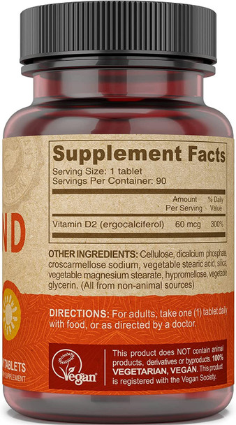 Deva Vegan Vitamin D2 800 IU, Ergocalciferol Supplement with No Animal Ingredients, Fast Dissolve, 90 Tablets, 1-Pack