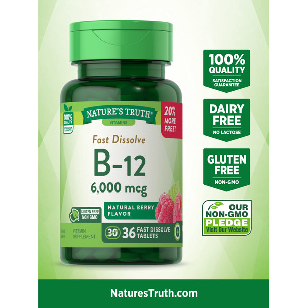 Nature's Truth B12 Vitamin 6000 mcg | Methylcobalamin | 36 Tablets | Fast Dissolve Natural Berry Flavor | Vegan, Non-GMO & Gluten Free