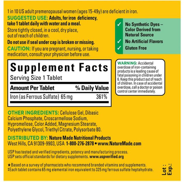 Nature Made Iron 65 mg (325 mg Ferrous Sulfate) Dietary Supplement for Red Blood Cell Support 180 Tablets (Pack of 1)?