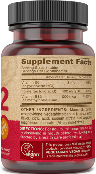 Deva Vegan Vitamin B12 Fast Dissolve Supplement - Once-Per-Day Complex with 1000 Mcg Methylcobalamin B12, Folic Acid, B6 - Lemon Flavor - 90 Dissolvable Tablets, 1-Pack