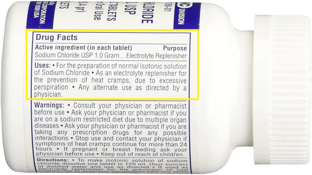 CONSOLIDATED MIDLAND CORP. Sodium Chloride Tablets 1 Gm, USP Normal Salt Tablets - 100 Tablets