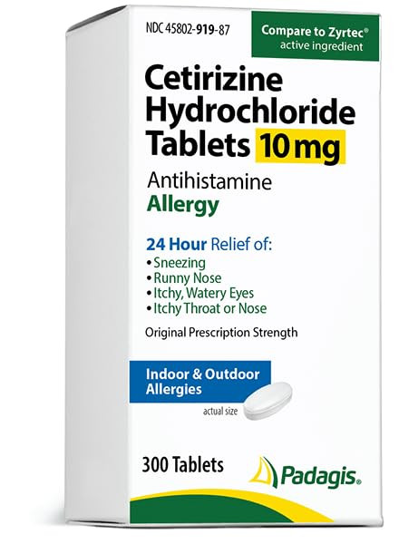 Padagis Cetirizine Hydrochloride 10 mg Antihistamine Allergy - 300 Tablets