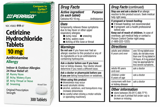 Padagis Cetirizine Hydrochloride 10 mg Antihistamine Allergy - 300 Tablets