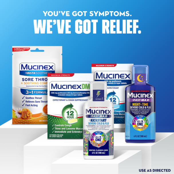 Chest Congestion, Mucinex Maximum Strength 12 Hour Extended Release Tablets, 42ct, 1200 mg Guaifenesin with extended relief of chest congestion caused by excess mucus, thins and loosens mucus