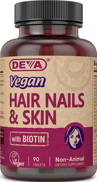 Deva Vegan Vitamins Hair Nails & Skin Supplement with 500 mcg Biotin - 90 Tablets, 1-Pack