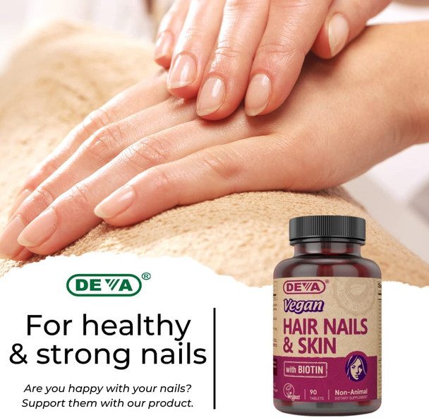 Deva Vegan Vitamins Hair Nails & Skin Supplement with 500 mcg Biotin - 90 Tablets, 1-Pack