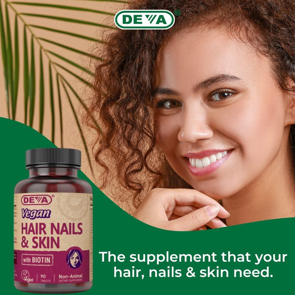 Deva Vegan Vitamins Hair Nails & Skin Supplement with 500 mcg Biotin - 90 Tablets, 1-Pack