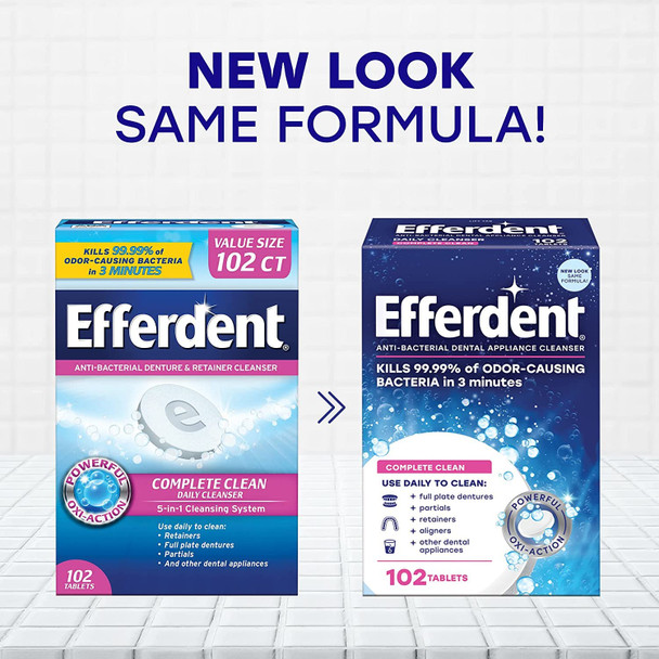 Efferdent Retainer Cleaning Tablets, Denture Cleanser Tablets for Dental Appliances, Complete Clean, 102 Tablets