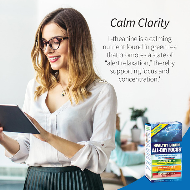 Applied Nutrition Healthy Brain All-Day Focus - 50 Tablets - Powerful 3-in-1 Brain Booster with Turmeric Extract - 25 Servings