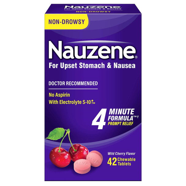 Nauzene Non-drowsy Upset Stomach & Nausea Relief Chewable Tablets - Fast-Acting Relief in 4 Minutes - Doctor Recommended - Wild Cherry Flavor, 42 ct