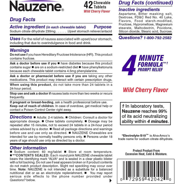 Nauzene Non-drowsy Upset Stomach & Nausea Relief Chewable Tablets - Fast-Acting Relief in 4 Minutes - Doctor Recommended - Wild Cherry Flavor, 42 ct