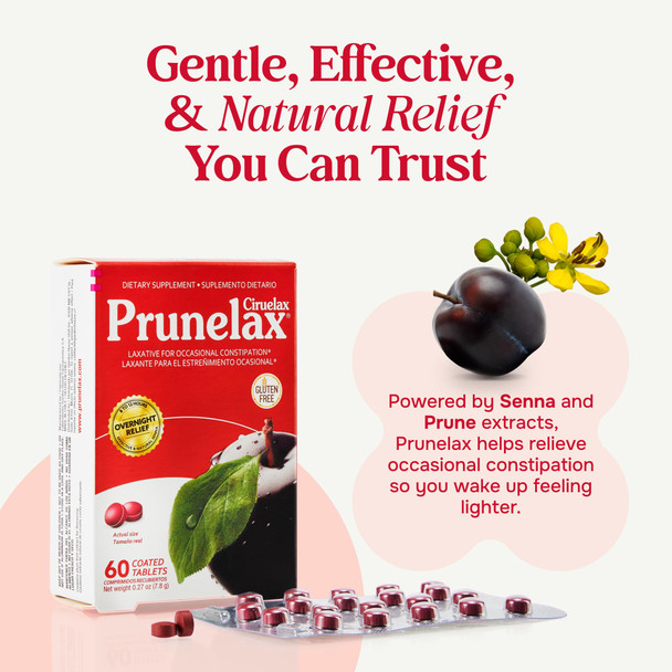 Prunelax Ciruelax Regular Strength Laxative Mini Tablets - Overnight Relief for Occasional Constipation, Senna Extract, Vegan & Gluten-Free, Gentle Relief - 60ct