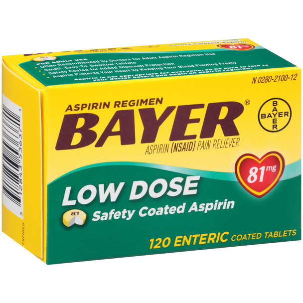 Bayer Aspirin Regimen Low Dose 81mg Enteric Coated Pain Reliever Tablets, 120 Count