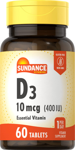 Sundance Vitamin D3 400 IU (10 mcg) | 60 Vegetarian Tablets | Essential Vitamin Supplement | Vegetarian, Non-GMO, and Gluten Free Formula