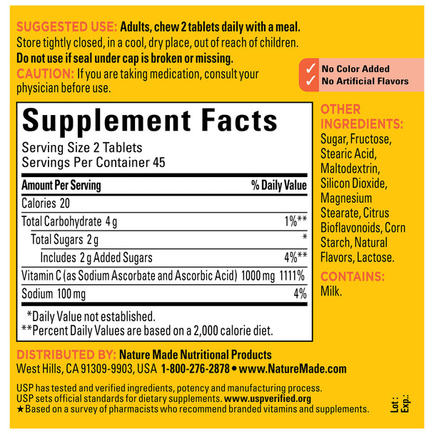 Nature Made Extra Strength Dosage Chewable Vitamin C 1000 mg per serving, Vitamin C Chewable Dietary Supplement for Immune Support, 90 Tablets, 45 Day Supply