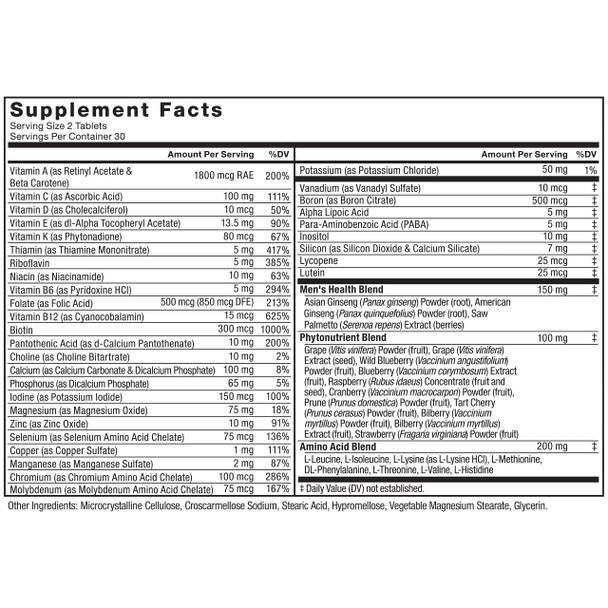 Force Factor Mens Multivitamins, Multivitamin for Men Plus Amino Acids Supplement with 27 Vitamins and Minerals, and Phytonutrients to Support Energy, and Immunity, 60 Tablets