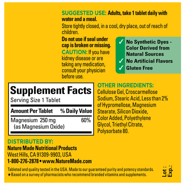 Nature Made Magnesium Oxide 250 mg, Magnesium Supplements for Men and Women, Support for Muscle, Heart, Bone and Nerve Health, 100 Tablets, 100 Day Supply