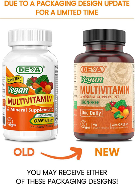 DEVA Vegan Iron-Free Multivitamin & Mineral Supplement, Green Food Blend, Spirulina, Chlorella, Ashwagandha, Broccoli, 90 Coated Tablets