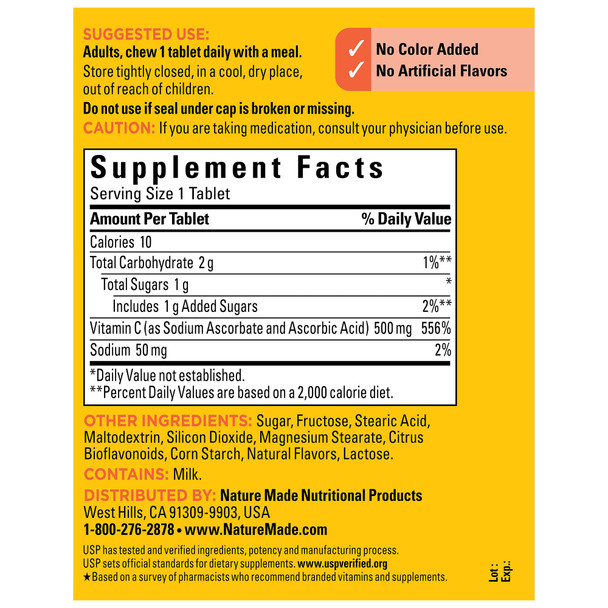 Nature Made Chewable Vitamin C 500 mg, Dietary Vitamin C Supplement for Immune Support, 150 Tablets, 150 Day Supply