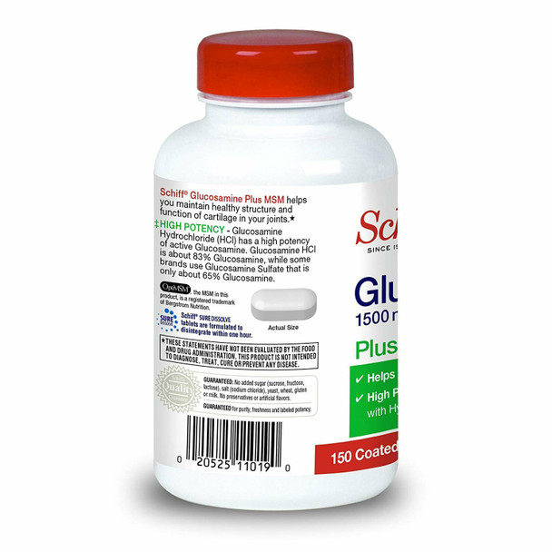Schiff Glucosamine Plus MSM and Hyaluronic Acid Coated Tablets 1500mg 150 Count