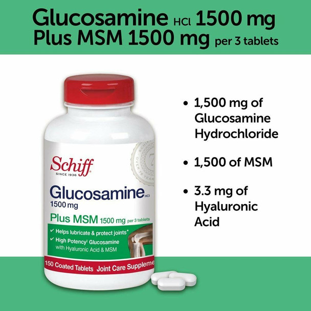 Schiff Glucosamine Plus MSM and Hyaluronic Acid Coated Tablets 1500mg 150 Count